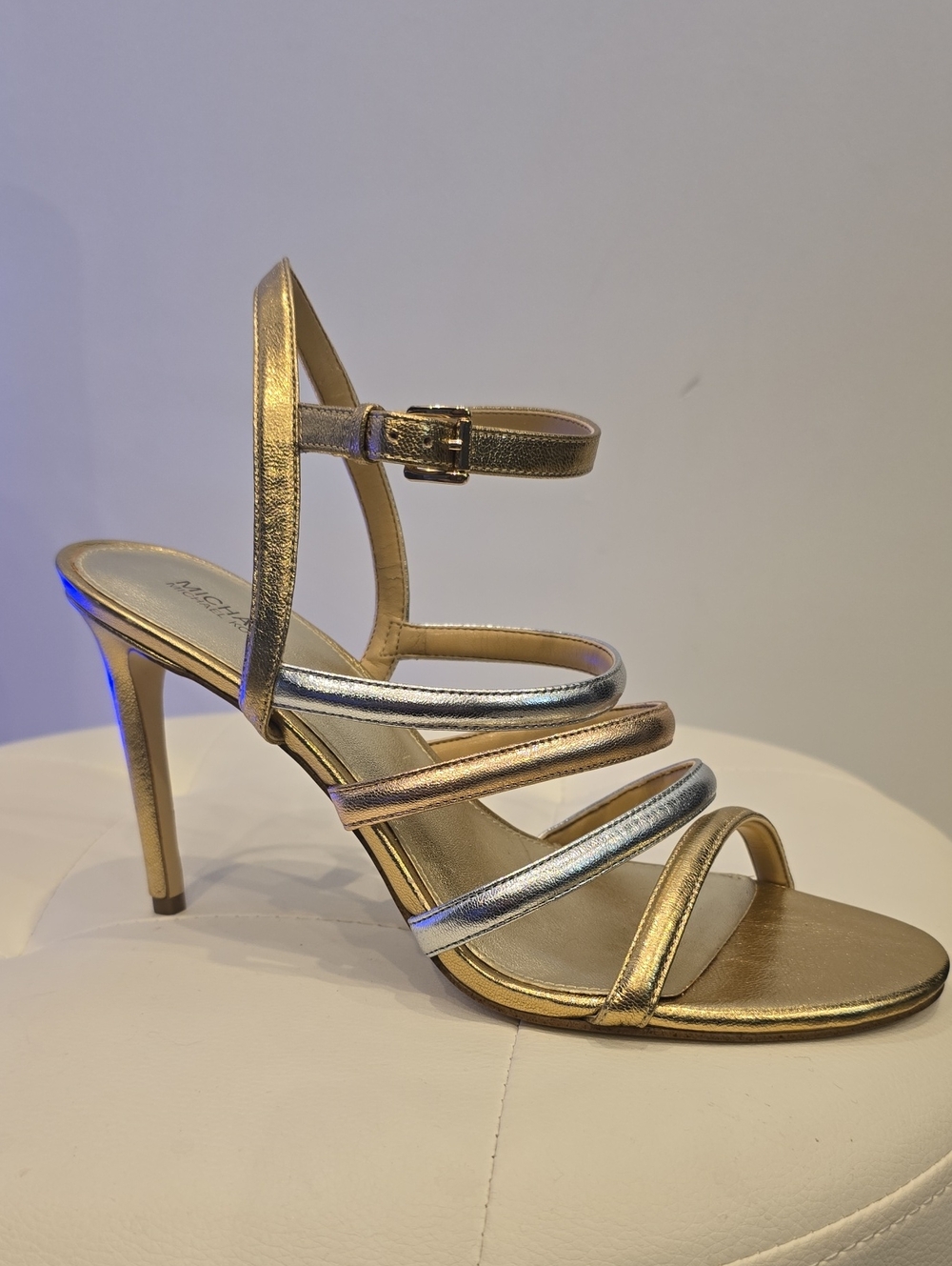 Michael KORS Nantucket Metallic Rose Silver Gold Strappy High Heel Sandals 9 - Picture 2 of 6